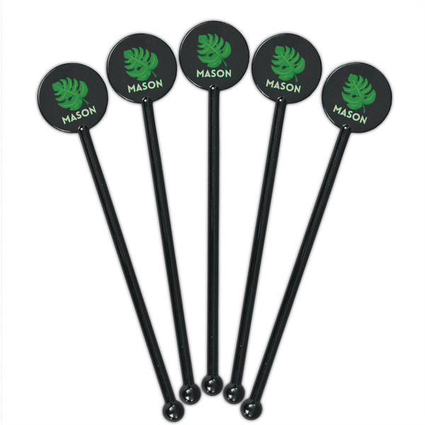 Tropical Leaves #2 Black Plastic 5.5" Stir Stick - Round - Fan View