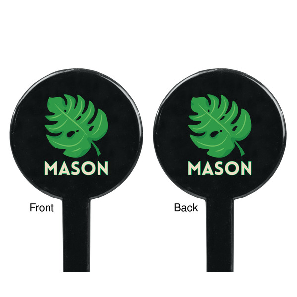 Tropical Leaves #2 Black Plastic 7" Stir Stick - Double Sided - Round - Front & Back