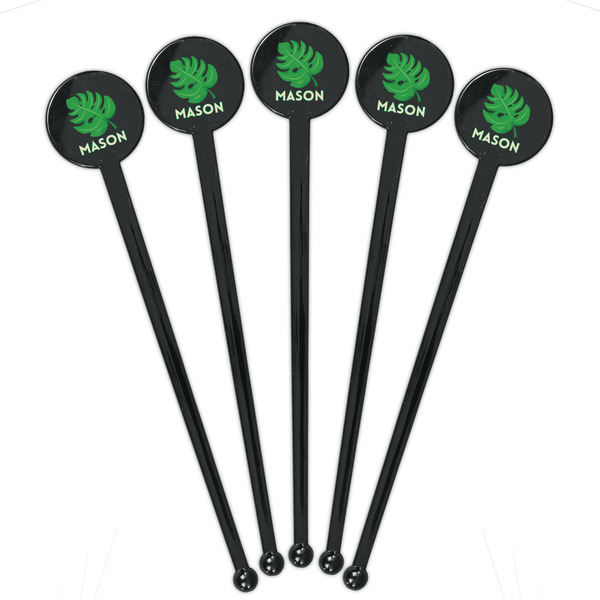 Tropical Leaves #2 Black Plastic 7" Stir Stick - Round - Fan View