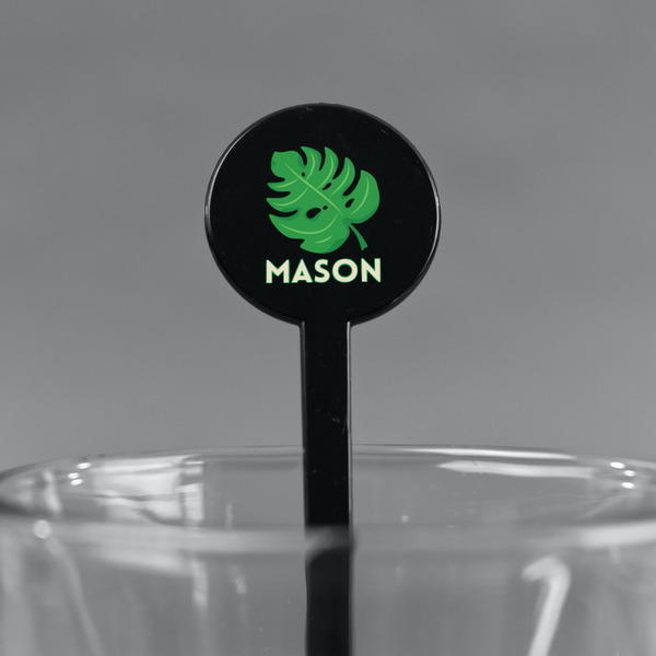 Tropical Leaves #2 Black Plastic 7" Stir Stick - Round - Main