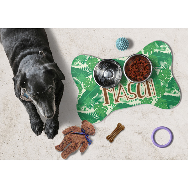 Tropical Leaves 2 Bone Shaped Mat w/ Food & Water