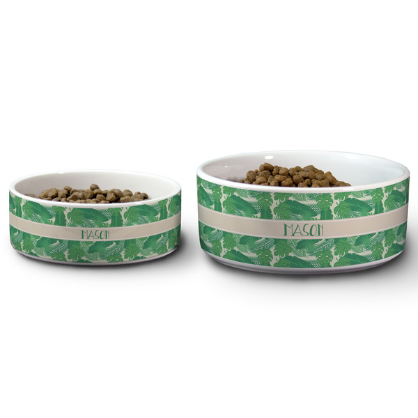 Tropical Leaves 2 Ceramic Dog Bowls - Size Comparison