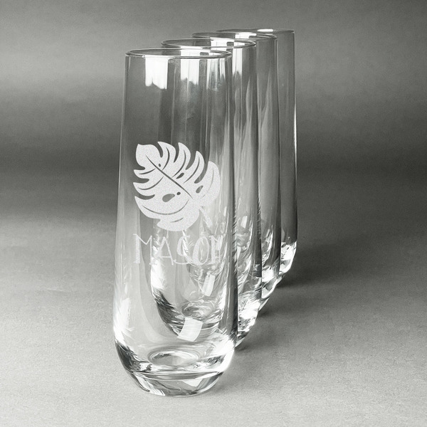Custom Tropical Leaves #2 Champagne Flute - Stemless Engraved - Set of 4 (Personalized)