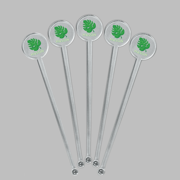 Tropical Leaves #2 Clear Plastic 7" Stir Stick - Round - Fan View
