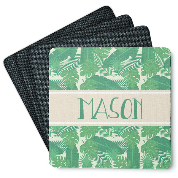 Custom Tropical Leaves #2 Square Rubber Backed Coasters - Set of 4 w/ Name or Text