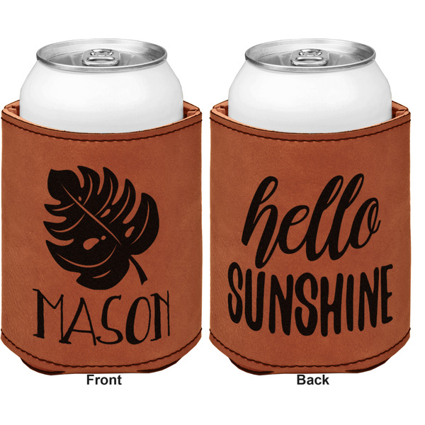 Tropical Leaves 2 Cognac Leatherette Can Sleeve - Double Sided Front and Back