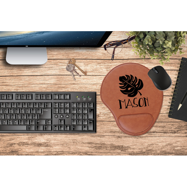 Tropical Leaves 2 Cognac Leatherette Mousepad with Wrist Support - Lifestyle Image