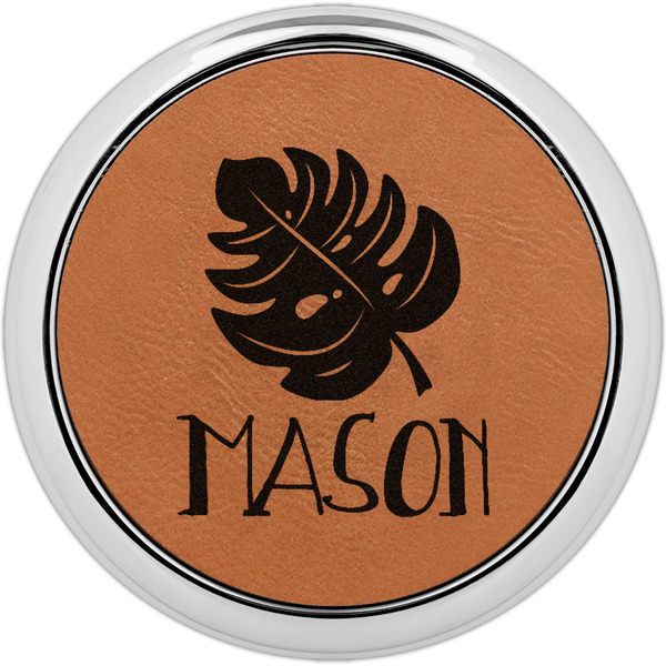 Custom Tropical Leaves #2 Leatherette Round Coaster w/ Silver Edge - Single or Set (Personalized)