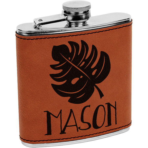 Custom Tropical Leaves #2 Leatherette Wrapped Stainless Steel Flask (Personalized)