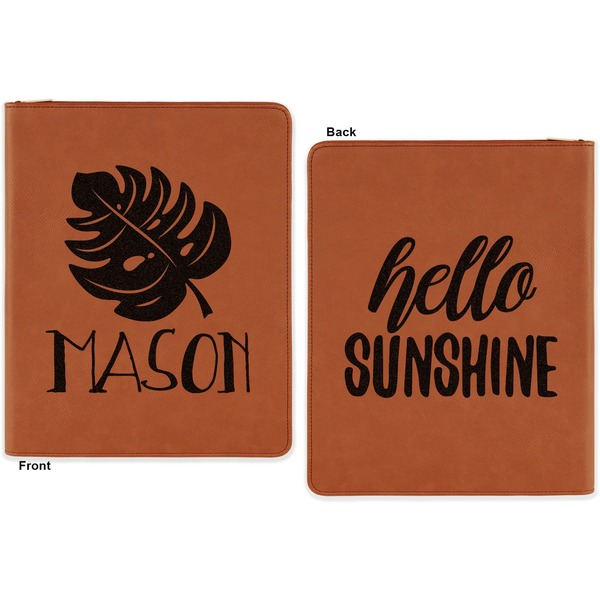 Tropical Leaves 2 Cognac Leatherette Zipper Portfolios with Notepad - Double Sided - Apvl