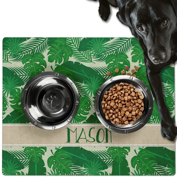 Custom Tropical Leaves #2 Dog Food Mat - Large w/ Name or Text