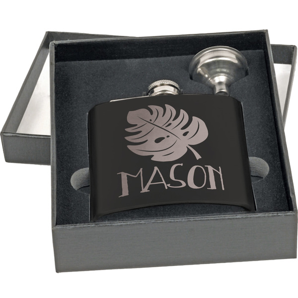 Tropical Leaves 2 Engraved Black Flask Gift Set