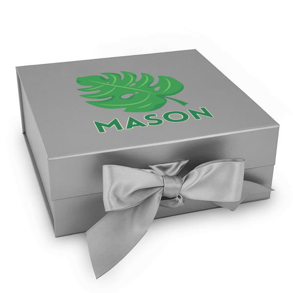 Custom Tropical Leaves #2 Gift Box with Magnetic Lid - Silver (Personalized)