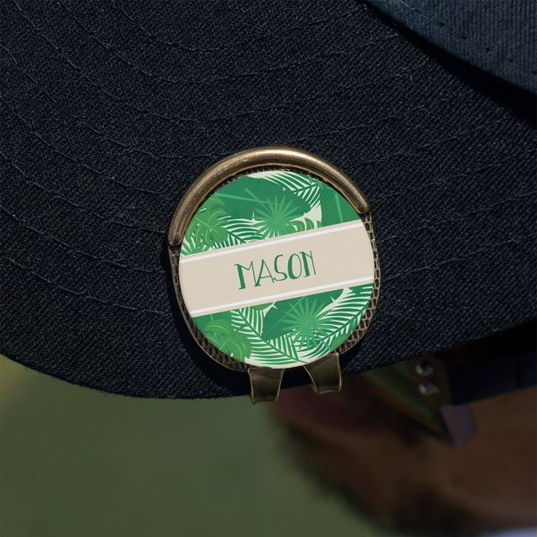 Tropical Leaves #2 Golf Ball Marker Hat Clip - Gold - On Hat