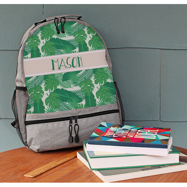 Tropical Leaves #2 Large Backpack - Gray - On Desk