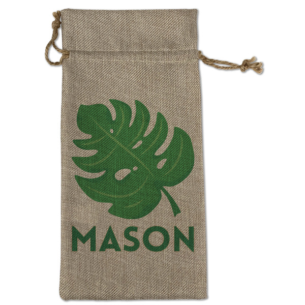 Custom Tropical Leaves #2 Large Burlap Gift Bag - Front (Personalized)