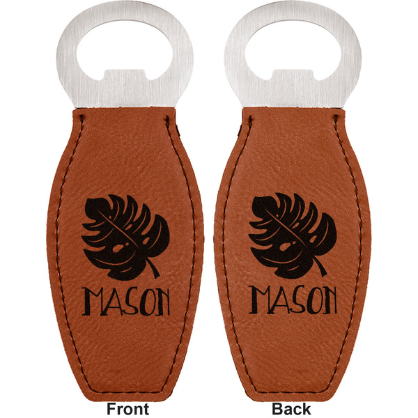 Tropical Leaves 2 Leather Bar Bottle Opener - Front and Back