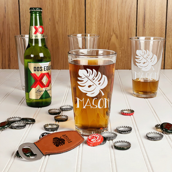 Tropical Leaves #2 Leather Bar Bottle Opener - IN CONTEXT