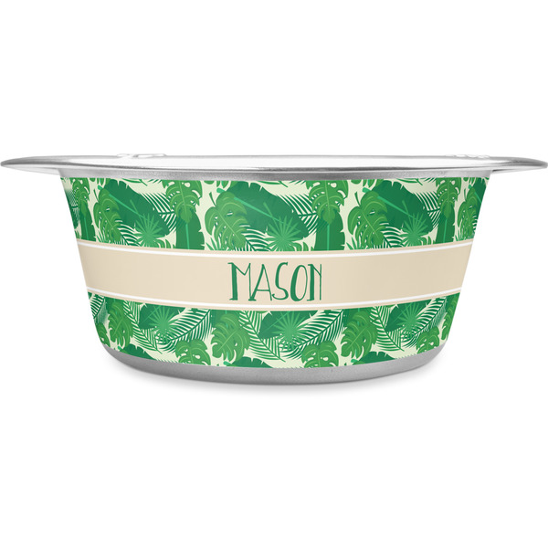 Custom Tropical Leaves #2 Stainless Steel Dog Bowl - Large (Personalized)