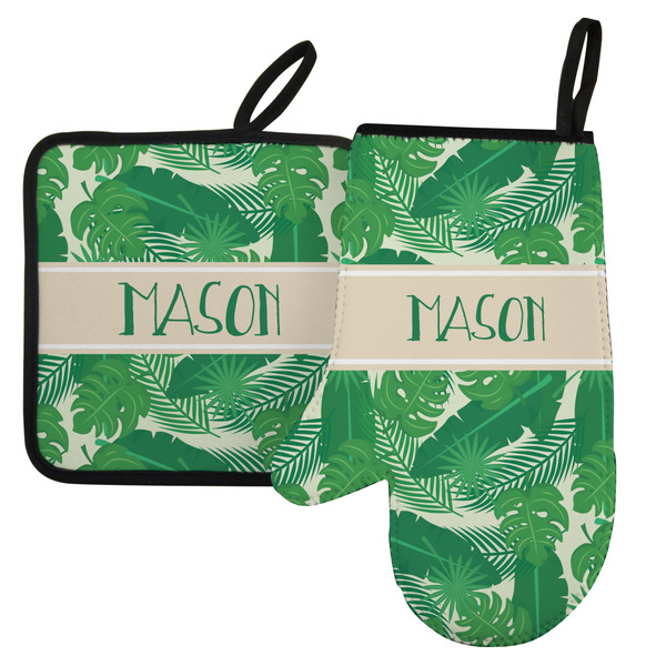 Custom Tropical Leaves #2 Left Oven Mitt & Pot Holder Set w/ Name or Text