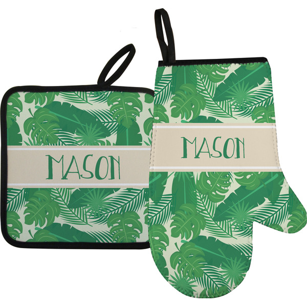 Custom Tropical Leaves #2 Oven Mitt & Pot Holder Set w/ Name or Text