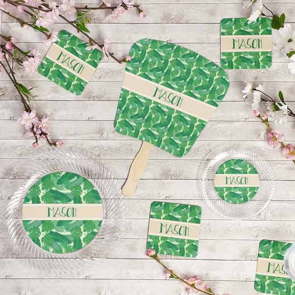 Tropical Leaves #2 Party Supplies Combination Image - All items - Plates, Coasters, Fans