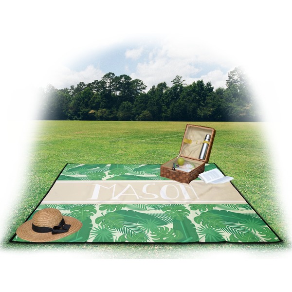 Tropical Leaves 2 Picnic Blanket - with Basket Hat and Book - in Use