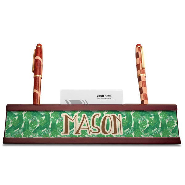 Tropical Leaves 2 Red Mahogany Nameplates with Business Card Holder - Straight