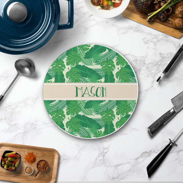 Tropical Leaves #2 Round Stone Trivet - In Context View