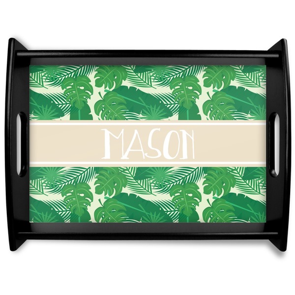 Custom Tropical Leaves #2 Black Wooden Tray - Large w/ Name or Text