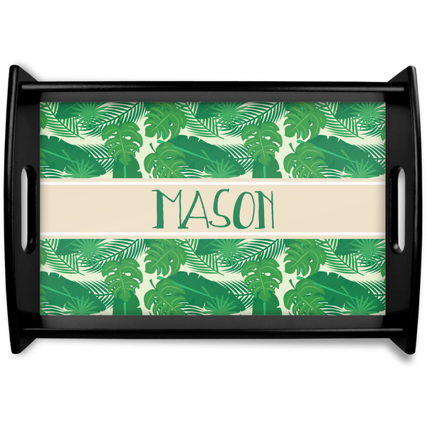 Custom Tropical Leaves #2 Black Wooden Tray - Small w/ Name or Text
