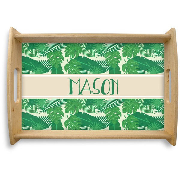 Custom Tropical Leaves #2 Natural Wooden Tray - Small w/ Name or Text