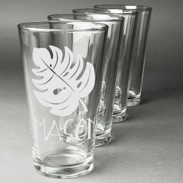 Custom Tropical Leaves #2 Pint Glasses - Engraved (Set of 4) (Personalized)