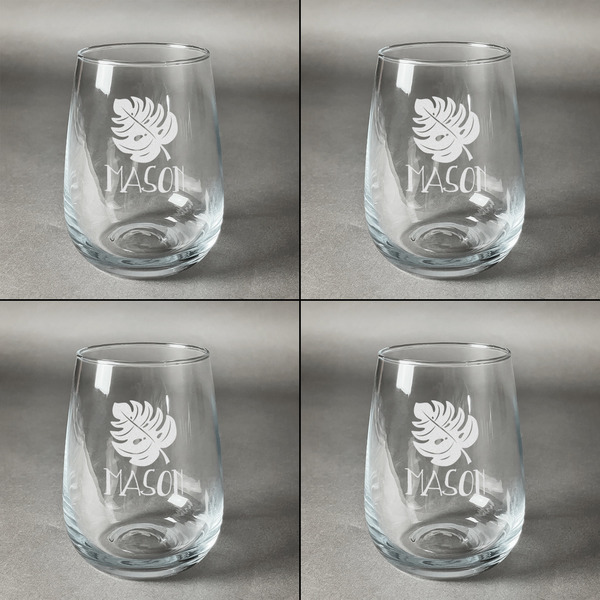 Tropical Leaves 2 Set of Four Personalized Stemless Wineglasses (Approval)