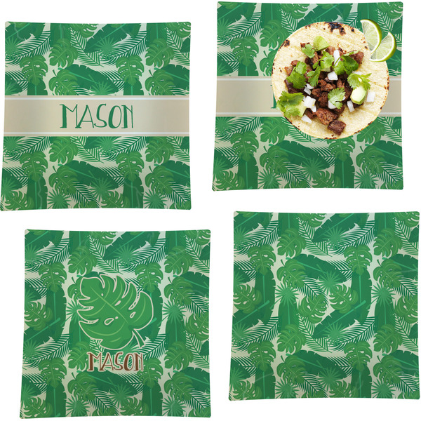 Custom Tropical Leaves #2 Set of 4 Glass Square Lunch / Dinner Plate 9.5" w/ Name or Text