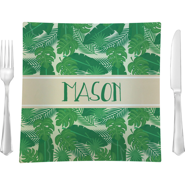 Custom Tropical Leaves #2 9.5" Glass Square Lunch / Dinner Plate- Single or Set of 4 (Personalized)