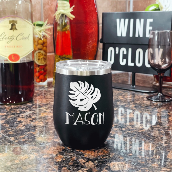 Tropical Leaves #2 Stainless Wine Tumblers - Black - Double Sided - In Context