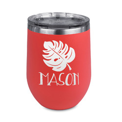 Tropical Leaves #2 Stemless Stainless Steel Wine Tumbler - Coral - Double Sided (Personalized)