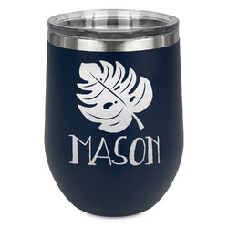 Tropical Leaves #2 Stemless Stainless Steel Wine Tumbler - Navy - Double Sided (Personalized)