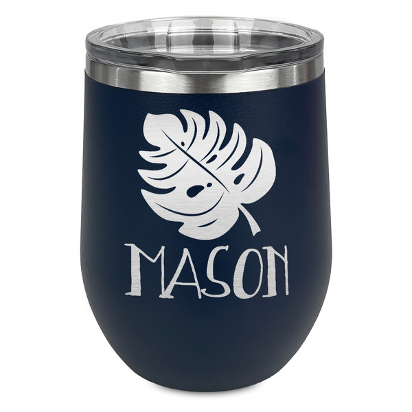 Custom Tropical Leaves #2 Stemless Stainless Steel Wine Tumbler - Navy - Double Sided (Personalized)