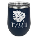 Tropical Leaves #2 Stemless Stainless Steel Wine Tumbler - Navy - Single Sided (Personalized)