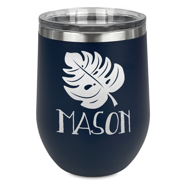 Custom Tropical Leaves #2 Stemless Stainless Steel Wine Tumbler - Navy - Single Sided (Personalized)