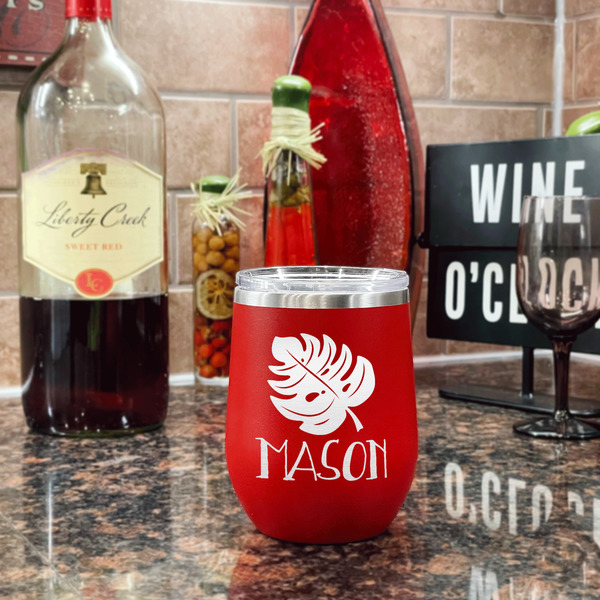 Tropical Leaves #2 Stainless Wine Tumblers - Red - Double Sided - In Context