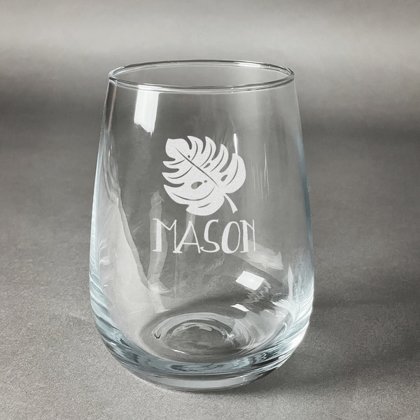 Custom Tropical Leaves #2 Stemless Wine Glass (Single) (Personalized)