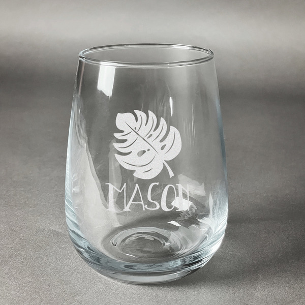 Custom Tropical Leaves #2 Stemless Wine Glass - Engraved (Personalized)