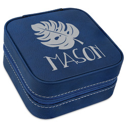 Tropical Leaves #2 Travel Jewelry Box - Navy Blue Leather (Personalized)