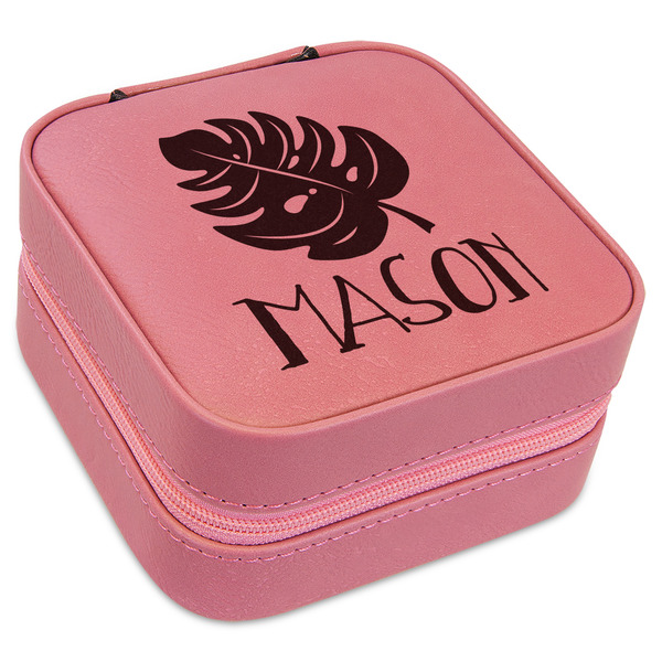 Custom Tropical Leaves #2 Travel Jewelry Boxes - Pink Leather (Personalized)