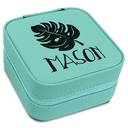 Tropical Leaves #2 Travel Jewelry Box - Teal Leather (Personalized)