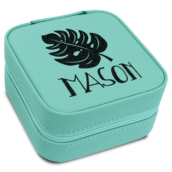 Custom Tropical Leaves #2 Travel Jewelry Box - Teal Leather (Personalized)