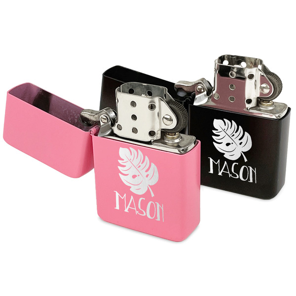 Tropical Leaves #2 Windproof Lighters - Black & Pink - Open